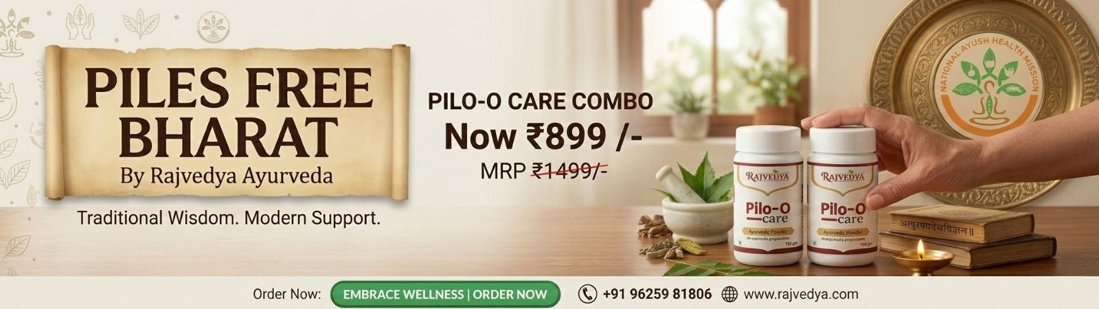 Advertisement for Piles Free Bharat by Rajyveda Ayurveda with product packaging and promotional text National Ayush Health Mission