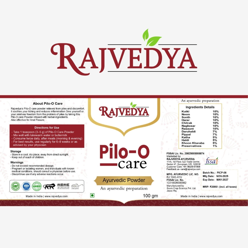 Rajvedya Pilo-O Care Ayurvedic Powder packaging with text and logos on a white background