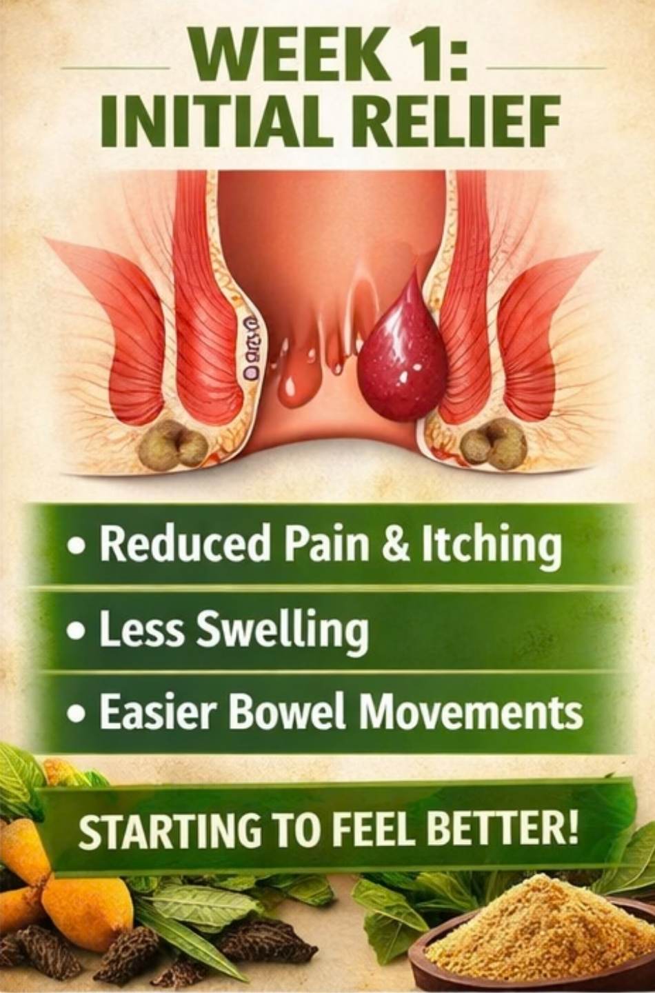 Pilo-O Care advertisement for initial relief with text and illustrations of a person's body and natural ingredients.