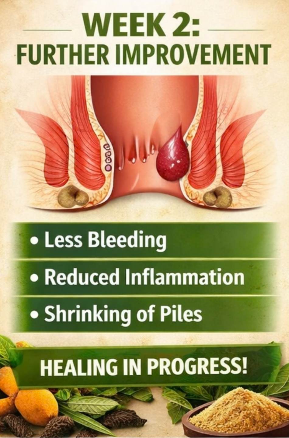 Diagram of hemorrhoids with text on improvement and healing progress.