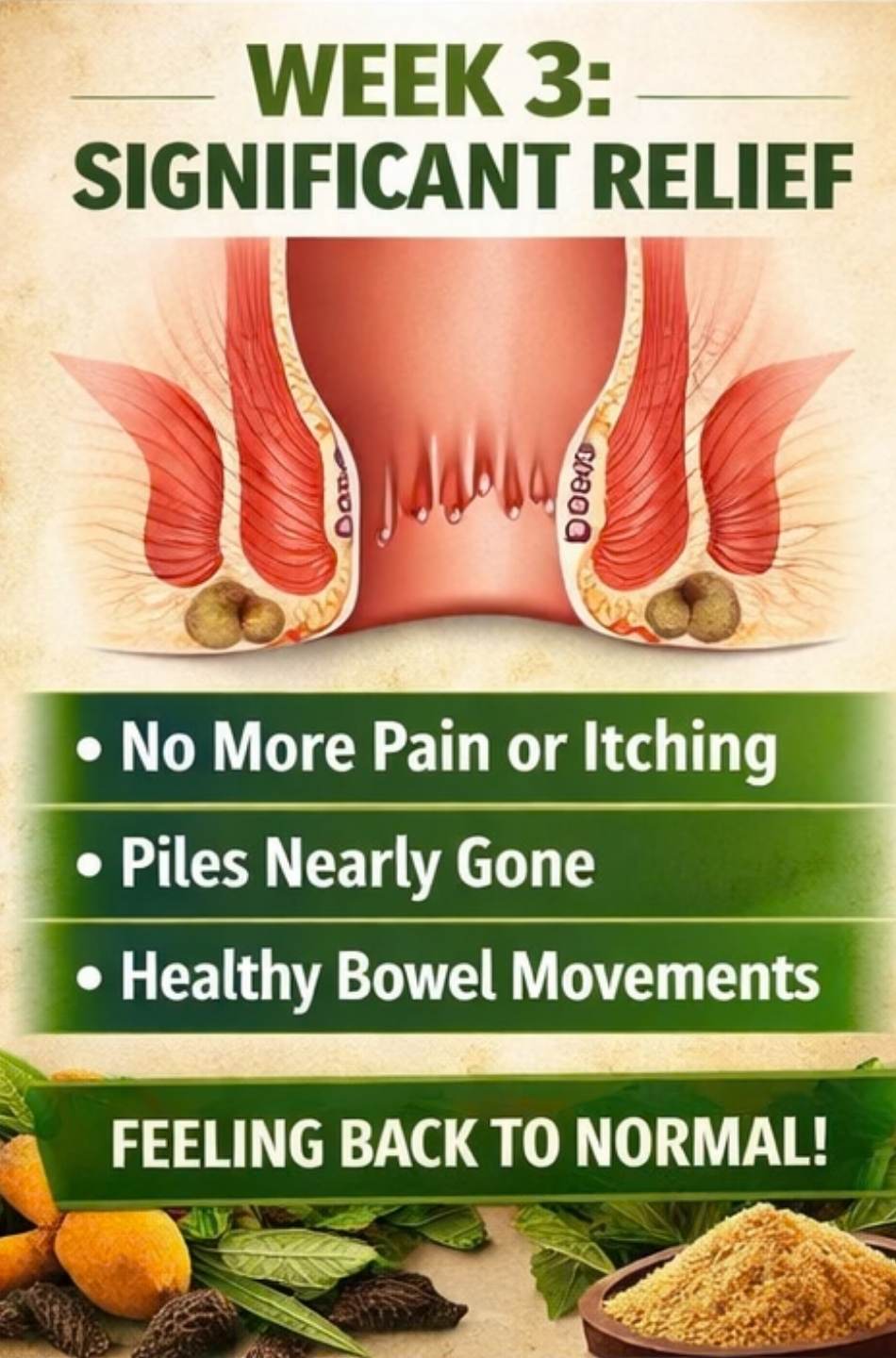 Pilo-O care significant relief in 3 week from symptoms, accompanied by images of vegetables and a bowl of powder.